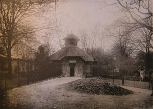 «Vue prise dans la "Vallée Suisse". Cour et maison des zèbres. A droite, au premier plan, un zèbre de Grévy mâle. » Histoire des Ménageries de l'Antiquité à nos jours, Gustave Loisel