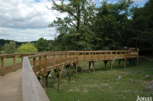 Passerelle traversant l'enclos des cervidés